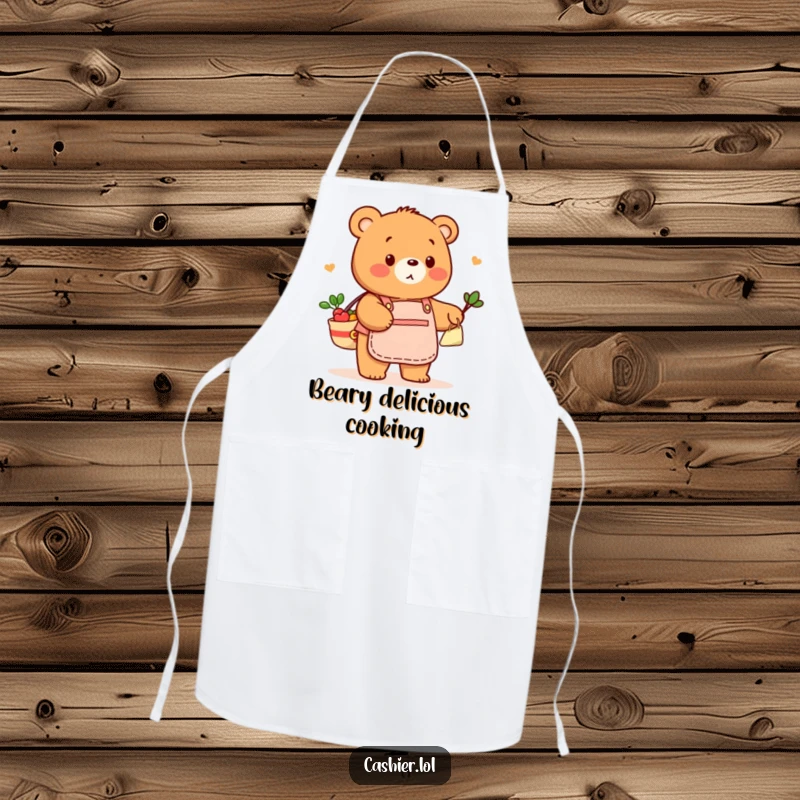 Funny apron featuring a friendly bear in a store apron, playfully bagging groceries, ideal for chefs who love humor and service.