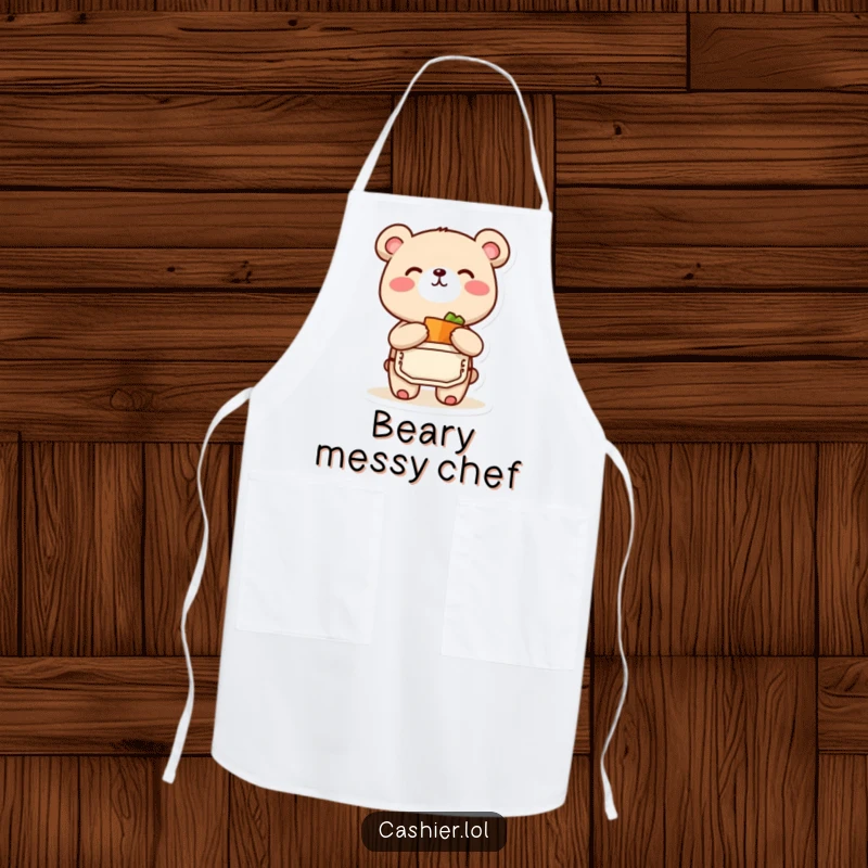 Funny apron featuring a happy bear cub character wearing an apron and joyfully bagging a small item, ideal for a funny gift.