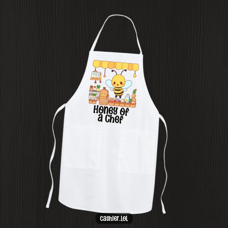 Funny apron showing a busy, energetic bee character organizing tiny goods, symbolizing productive kitchen endeavors.