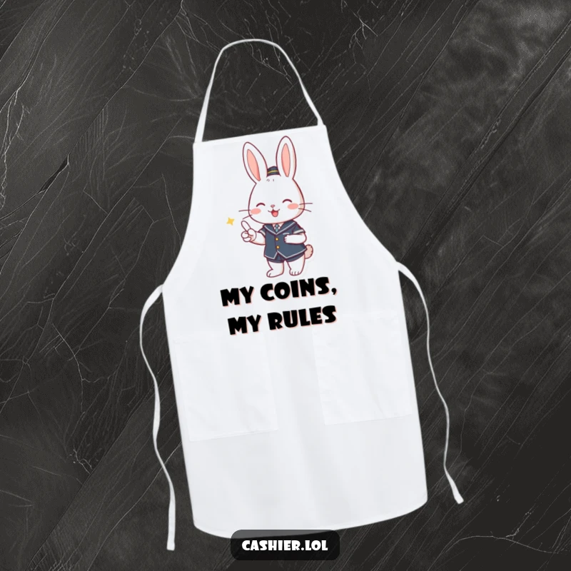 Funny apron with a cute rabbit in uniform smiling and handling change, perfect for kitchen duties with a humorous touch.