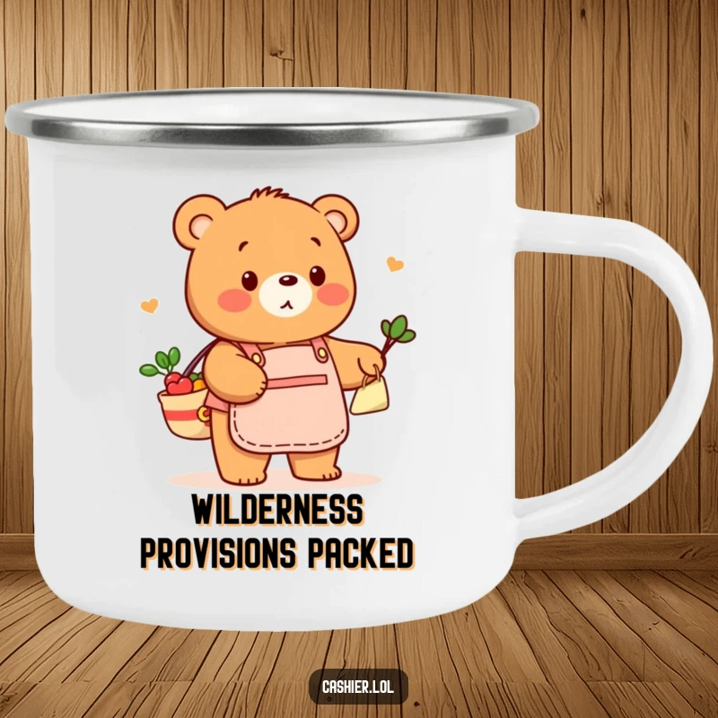 Funny camping mug with a friendly bear in a store apron, playfully bagging groceries, ideal for outdoor lovers who enjoy humor.