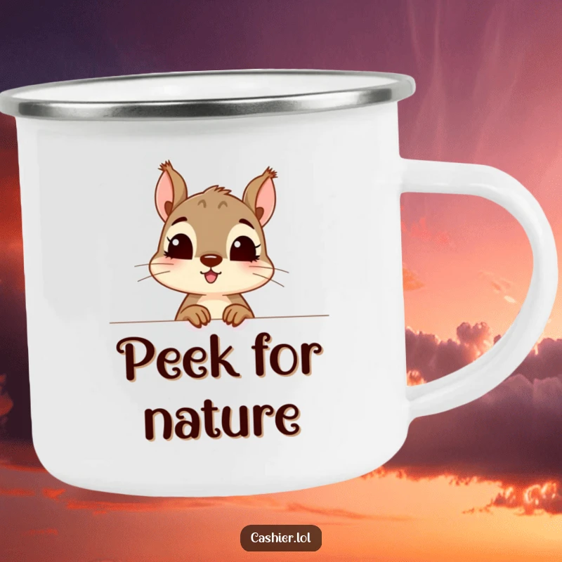 Funny camping mug showing a curious squirrel character peeking excitedly over a counter, perfect for outdoor funny gift.