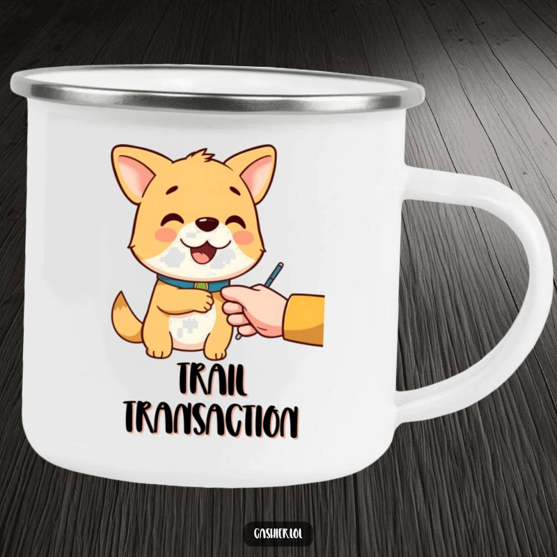 Funny camping mug with a cheerful dog character wearing a collar, politely handing change, ideal for outdoor service.
