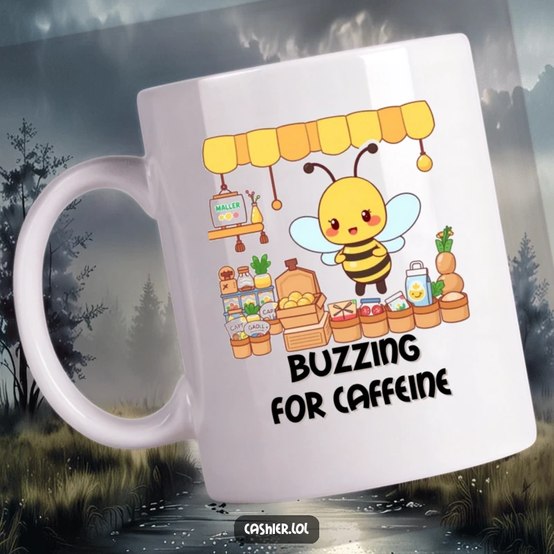 Funny mug with a busy, energetic bee character organizing a display of tiny goods, symbolizing productivity and diligence.