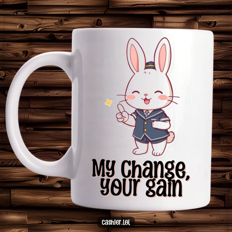 Funny mug featuring a cute rabbit in uniform smiling while handing over change, representing excellent customer service.