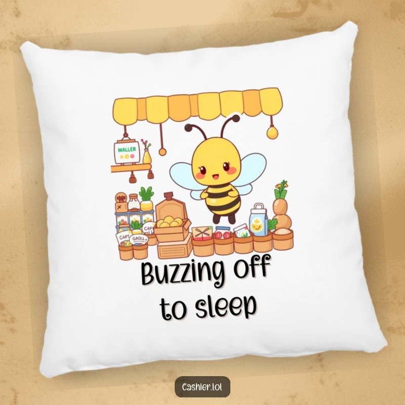 Funny pillow with a busy, energetic bee character organizing tiny goods, perfect for adding cozy energy and organization.