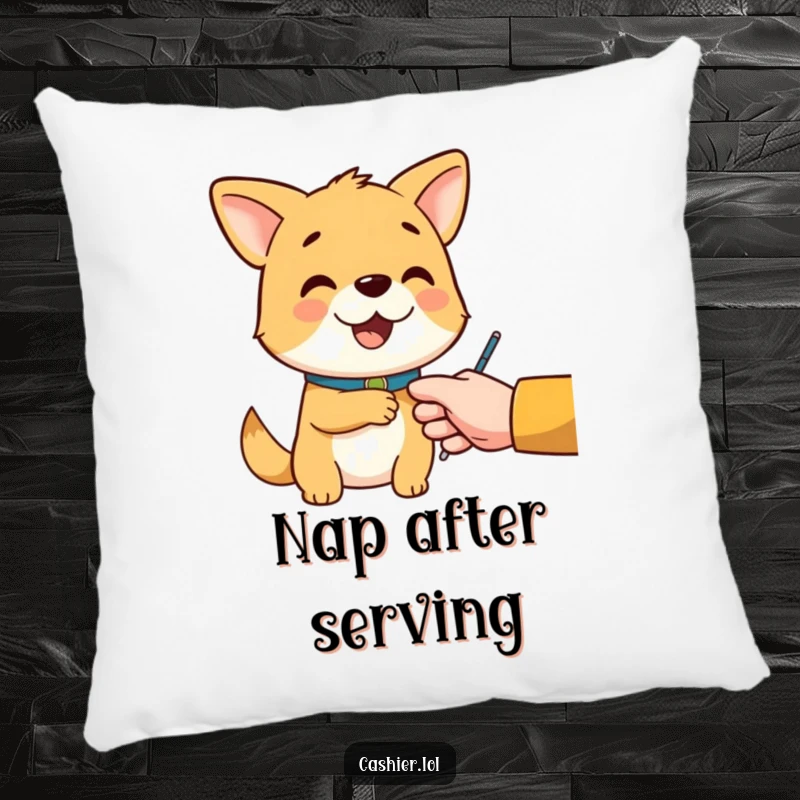 Funny pillow with a cheerful dog character wearing a collar, politely handing change, perfect for adding comfort and smiles.