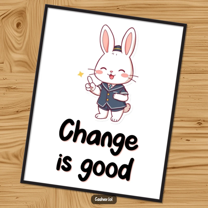 Funny digital art print of a cute rabbit in uniform smiling and giving change, perfect for instant, charming wall decor.