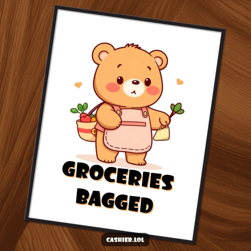 Digital funny art print of a friendly bear in a store apron, playfully bagging groceries, perfect for instant, humorous wall decor.