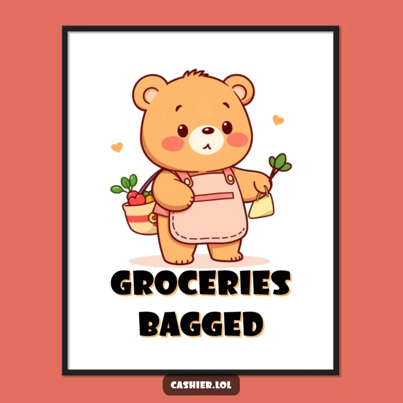 Digital Funny Bear Bagging Groceries Art: Instant Retail Decor