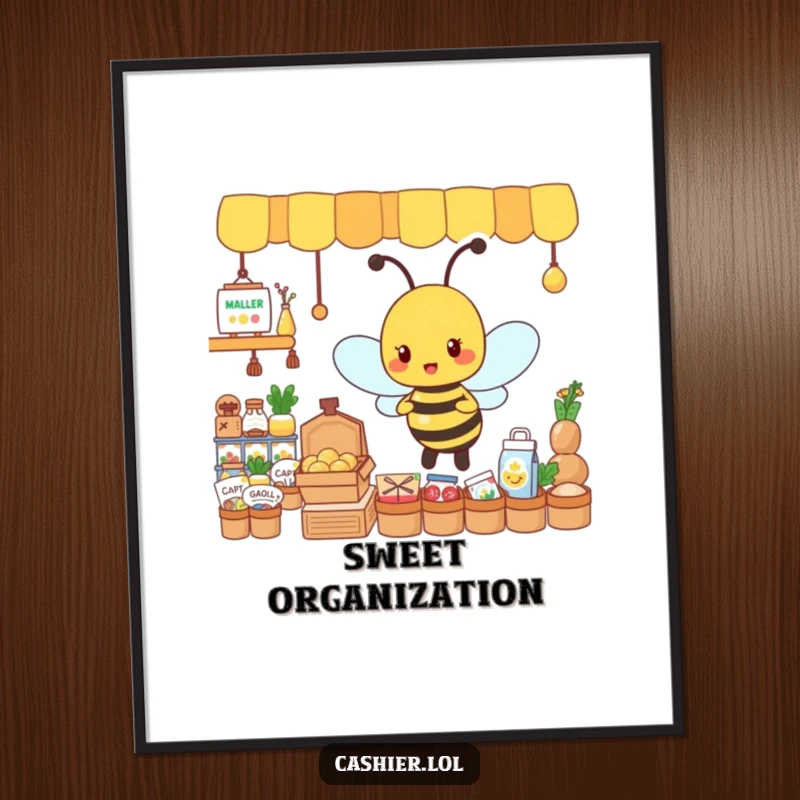 Funny digital art print of a busy, energetic bee character meticulously organizing a display of tiny goods, embodying productivity.