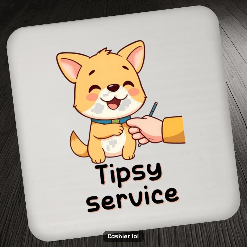 Funny drink coaster featuring a cheerful dog character with a collar, politely handing change, symbolizing friendly service.