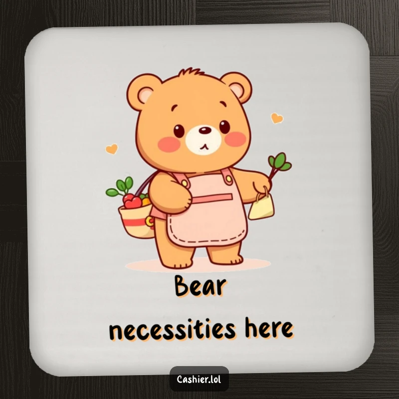 Funny drink coaster showing a friendly bear in a store apron, playfully bagging groceries, protecting surfaces with humorous, retail flair.