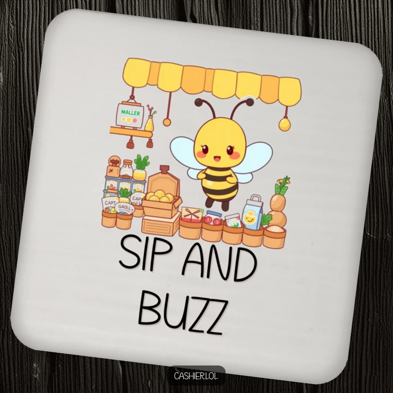 Funny drink coaster featuring a busy, energetic bee character organizing tiny goods, symbolizing organized protection.