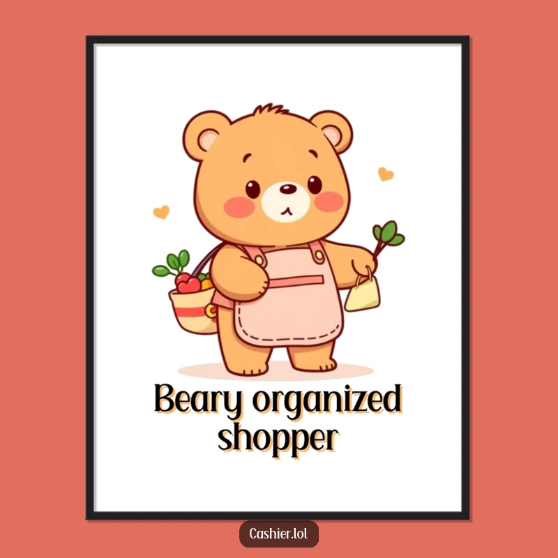 Funny Bear Bagging Groceries Poster: Add Retail Charm to Your Walls