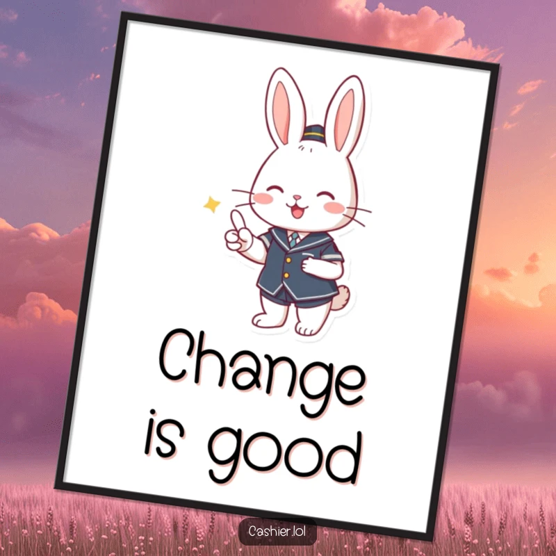 Funny poster featuring a cute rabbit in uniform, smiling and offering change, a charming addition to any wall.