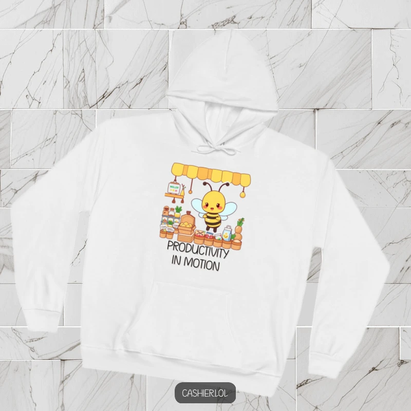 Funny hoodie with a busy, energetic bee character organizing tiny goods, ideal for cozy productivity sessions.
