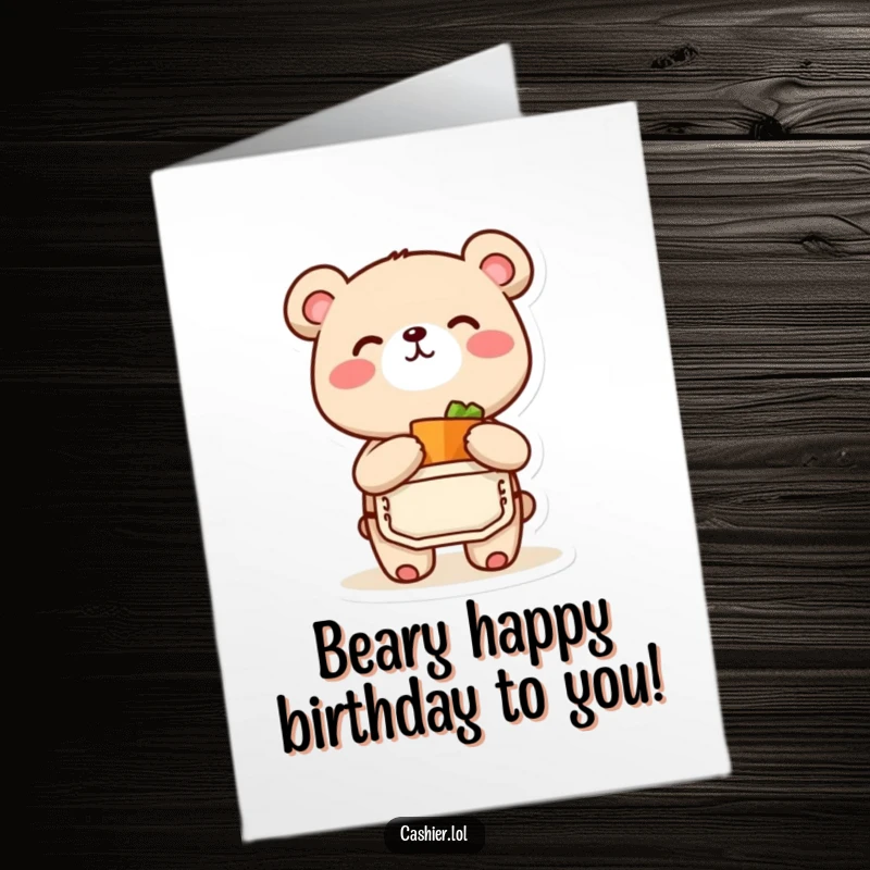 Funny free printable birthday card featuring a happy bear cub in an apron, joyfully bagging a small, exciting item.