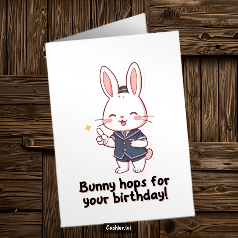 Funny Free Printable Birthday Card: Cute rabbit in uniform smiling while giving change, perfect for a retail worker or animal lover.