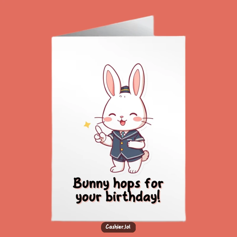 Free Printable Cute Rabbit Birthday Card: Adorable Uniformed Bunny Cashier Funny Downloadable Gift