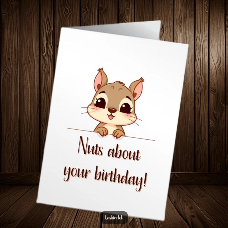 Funny free printable birthday card: a curious squirrel peering excitedly over a counter, anticipating fun.