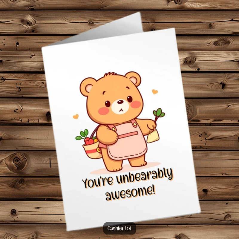 Funny Free Printable Bear in an apron playfully bags groceries, offering congratulations.