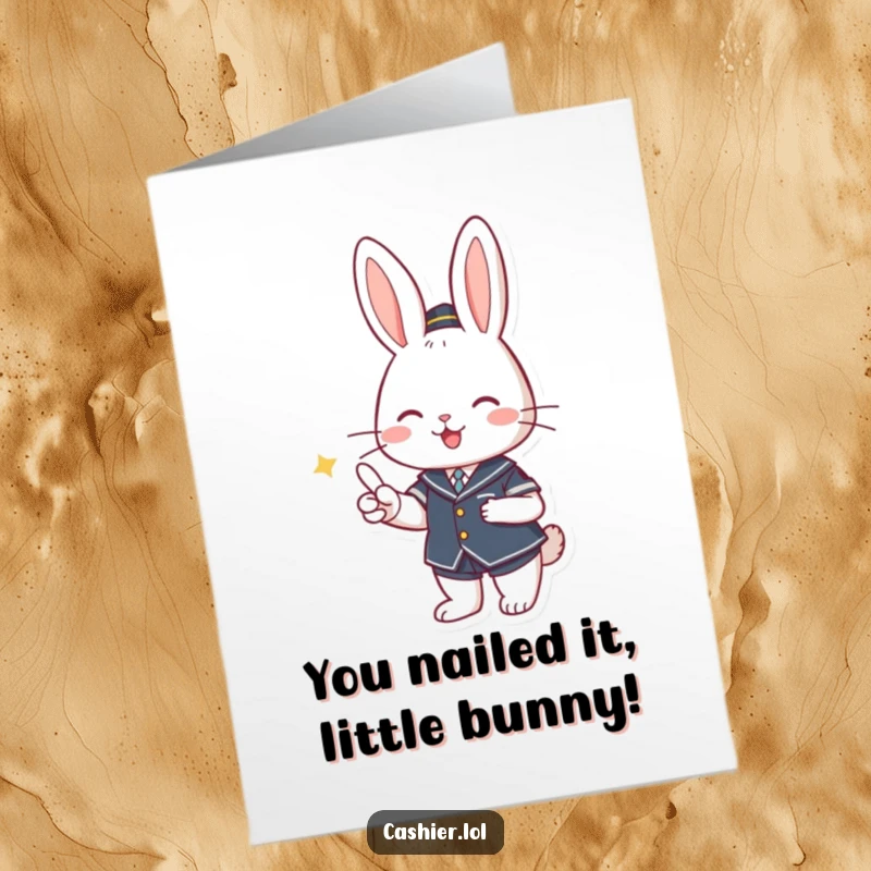 Funny Free Printable Congratulations Card: Cute rabbit cashier in uniform happily handing over change, a unique gift for any occasion.