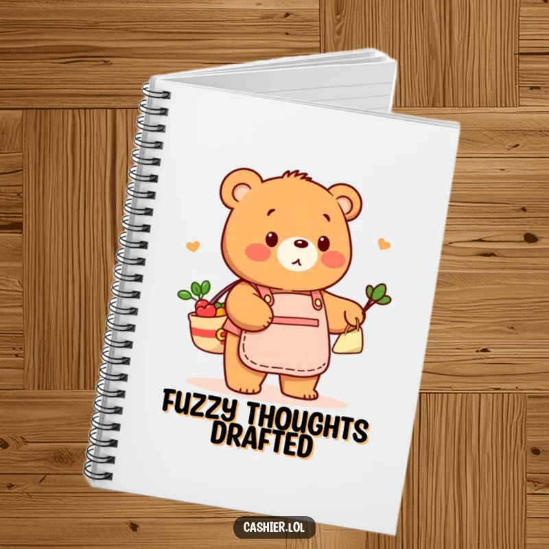 Funny notebook with a friendly bear in a store apron, playfully bagging groceries, designed for jotting down notes with humorous, retail flair.