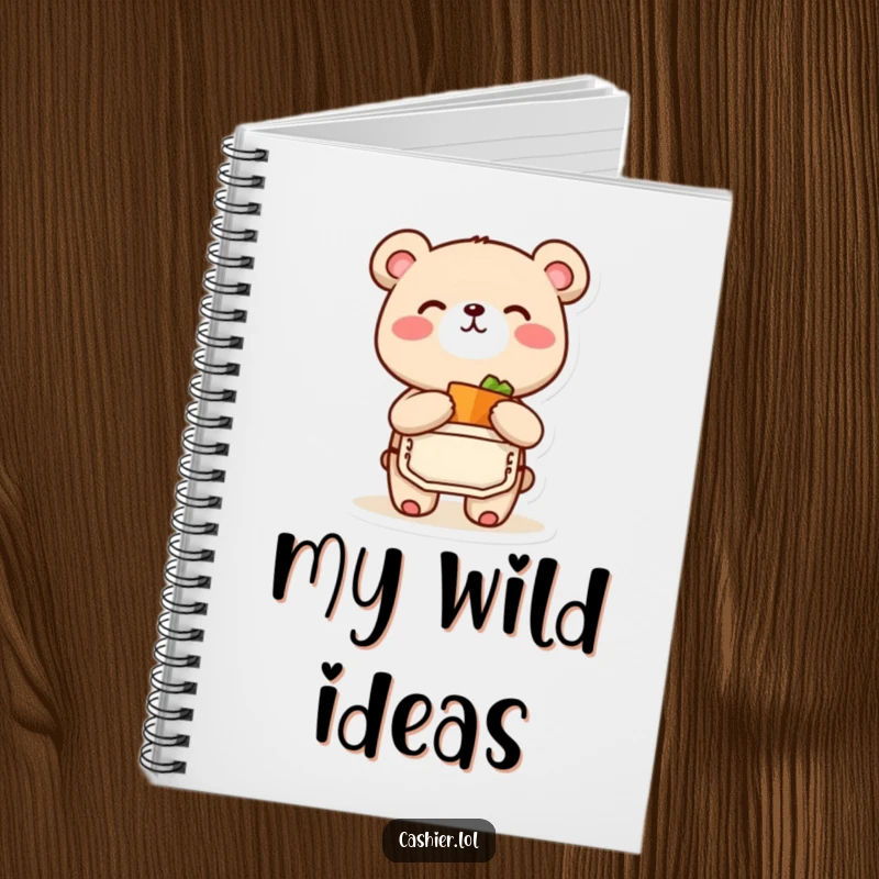 Funny notebook cover with a happy bear cub character in an apron, joyfully bagging a small item, great for a funny gift.