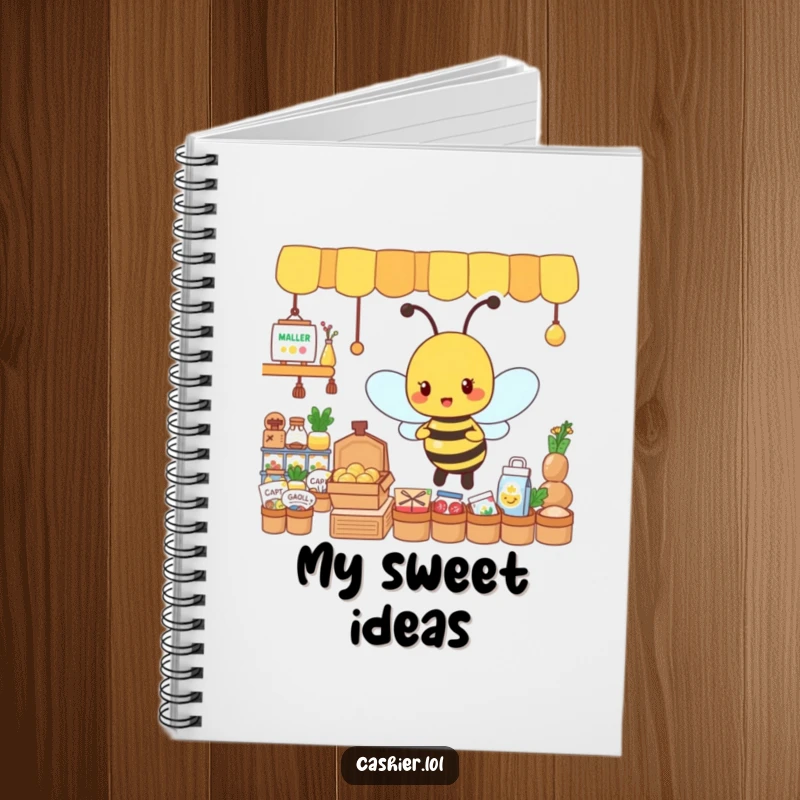 Funny notebook with a busy, energetic bee character organizing tiny goods, perfect for jotting down productive ideas.
