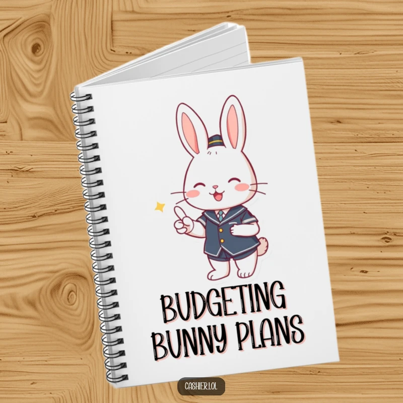 Funny notebook with a cute rabbit in uniform smiling and giving change, perfect for writing and organizing with charm.