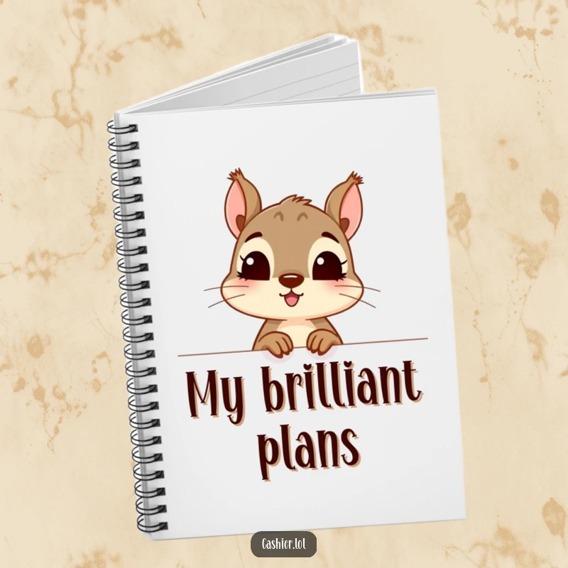 Funny notebook cover with a curious squirrel character peeking excitedly over a counter, great for a funny gift.