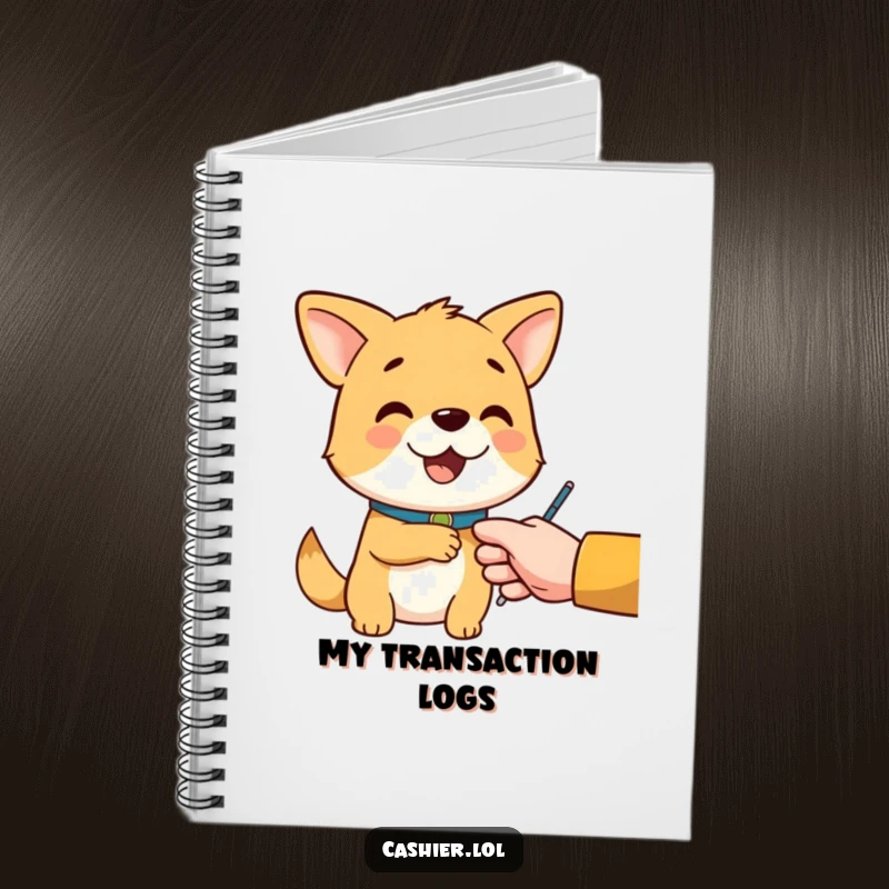 Funny notebook with a cheerful dog character wearing a collar, politely handing change, perfect for noting down helpful ideas.