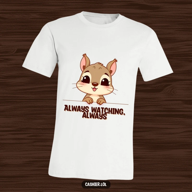 Funny t-shirt graphic of a curious squirrel character peering excitedly over a counter, perfect for a funny gift.