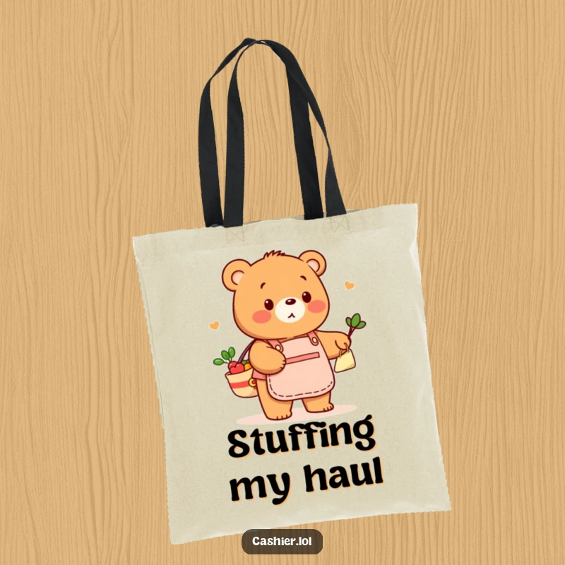 Funny tote bag showing a friendly bear in a store apron playfully bagging groceries, ideal for carrying essentials with humor.