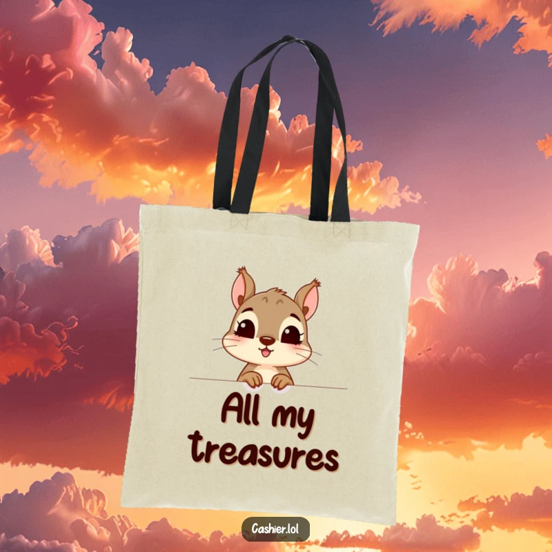 Funny and practical tote bag featuring a curious squirrel character peering excitedly over a counter, perfect for a funny gift.