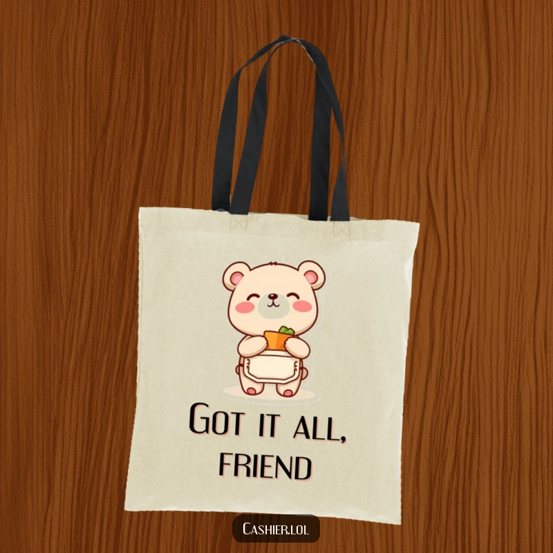 Funny and practical tote bag featuring a bear cub in an apron, joyfully bagging a small item, perfect for a funny gift.